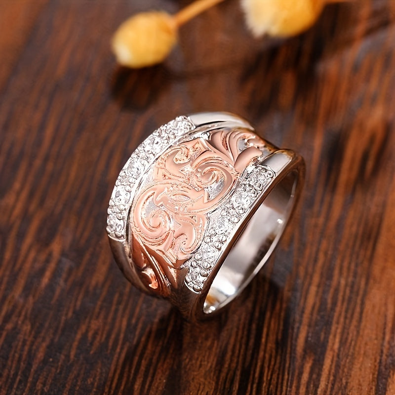 Elegant broadband rings, delicate floral engravings and sparkling square crystal Zirconia accents - retro ethnic style for Casual Attire and special occasions