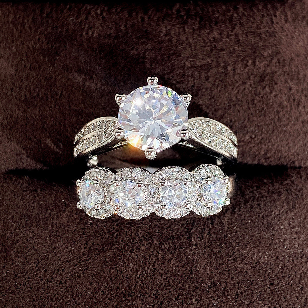 Bridal engagement wedding ring 2 pieces/set, silver and white zircon ring, women's proposal gift jewelry.