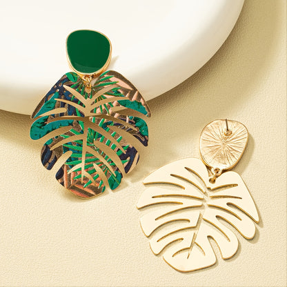 Exaggerated Green Leaf Design Dangle Earrings Alloy 14K Plated Jewelry Creative Gift For Women Girls