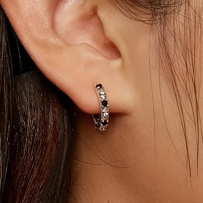A pair of elegant Women's round earrings with black cubic Zirconia gemstones, simple and lovely style, silver round earrings for parties, banquets and everyday casual accessories
