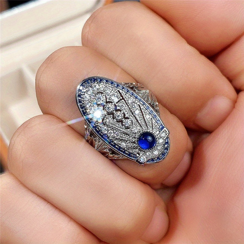 Fashion Antique 925 Silver Gold Plated Ring for Women with Blue Rhinestone Zircon Engagement Party Ring Vintage Jewelry Anniversary Gift