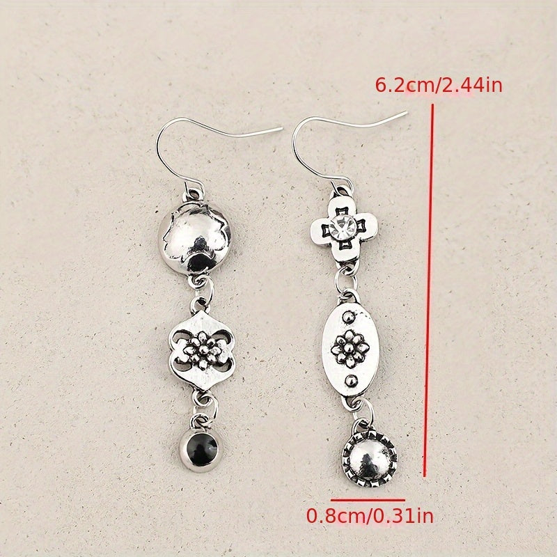 A pair of new retro punk style asymmetrical pattern flower geometric pendant alloy earrings