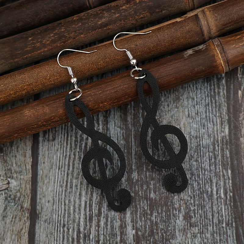 Black PU leather music note earrings - retro style treble key hook earrings for ladies, perfect for parties, music festivals and Halloween, funky earrings