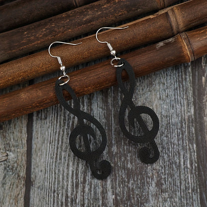 Black PU leather music note earrings - retro style treble key hook earrings for ladies, perfect for parties, music festivals and Halloween, funky earrings