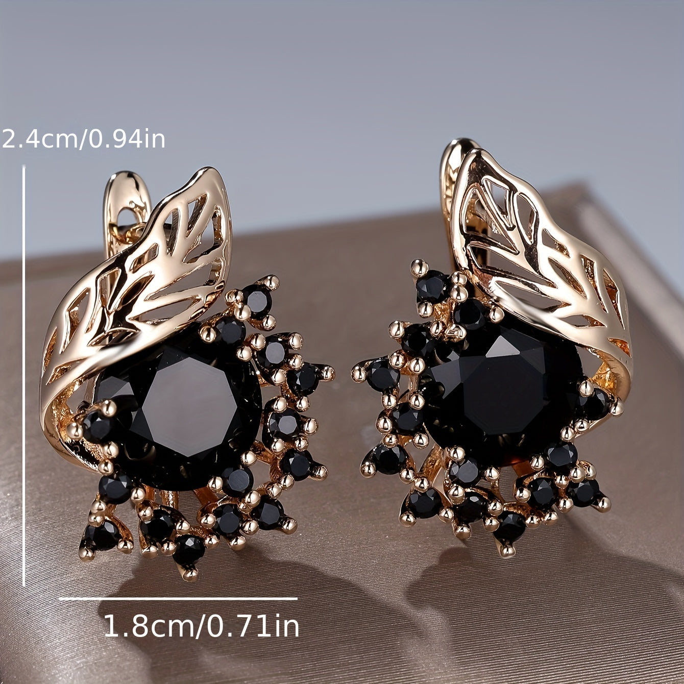 Elegant gold floral pendant earrings, round black Zirconia, copper wedding accessories, perfect for all seasons, winter and New Year