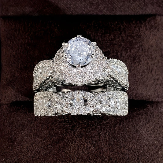 2pcs Elegant Wedding Ring Set with Minor Zircon - Luxury Copper Engagement Ring, April Birthstone, Perfect for Holiday and Casual Dresses, Special Occasion Rings | Elegant Ring Designs | Copper Bottom Rings, Wedding Ring Set for Couples