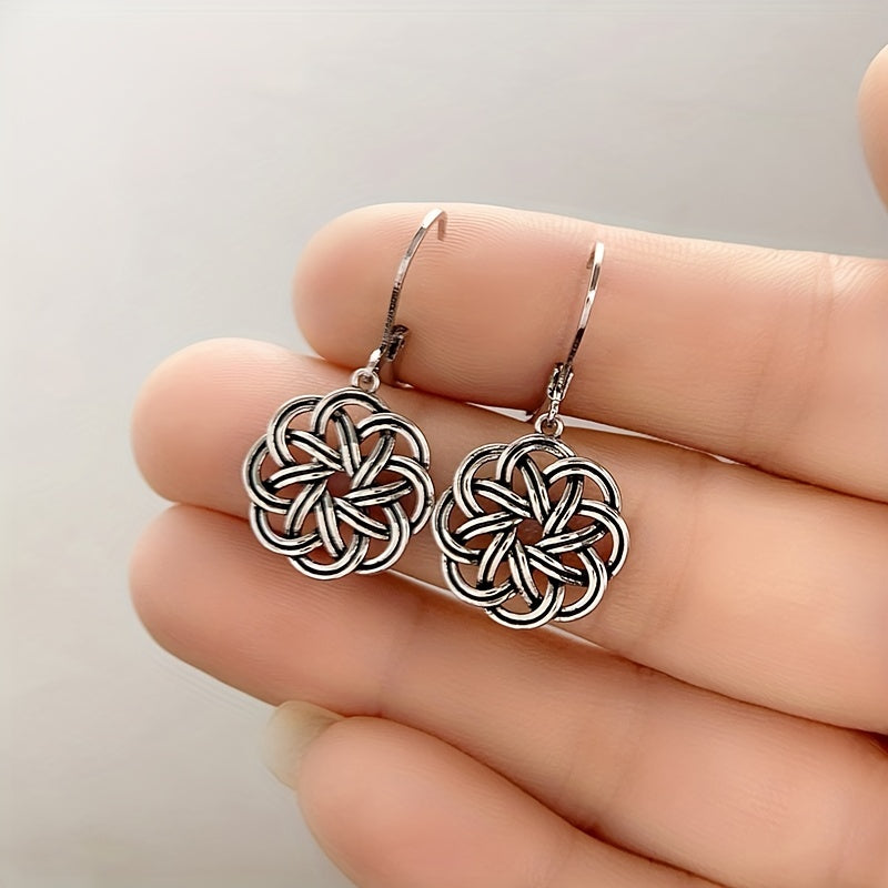 Hollow silver flower design pendant earrings, retro ethnic style, copper silver-plated jewelry, fashionable gifts for women and girls