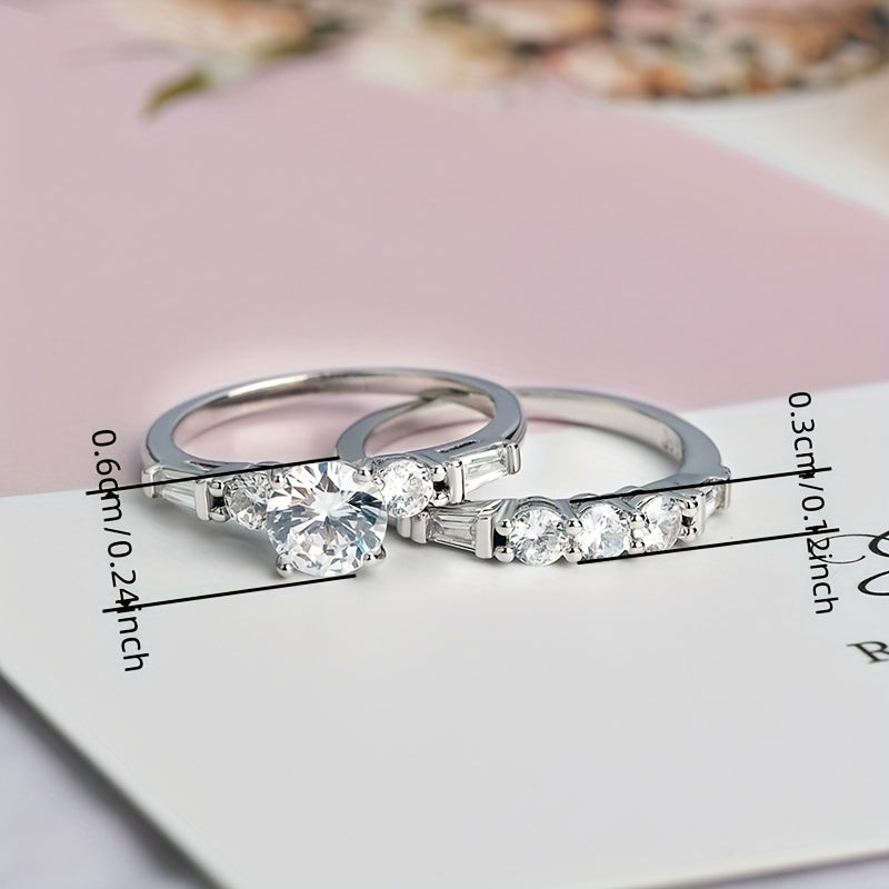 Round Cut Square Crystal Zircon Claw Set with 925 Silver Plated 2-Piece Women's Wedding Ring Set