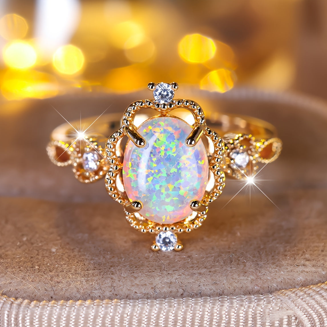 An elegant bohemian-style copper engagement ring with white synthetic opal and cubic Zirconia trim and gold-plated jewelry for weddings and parties
