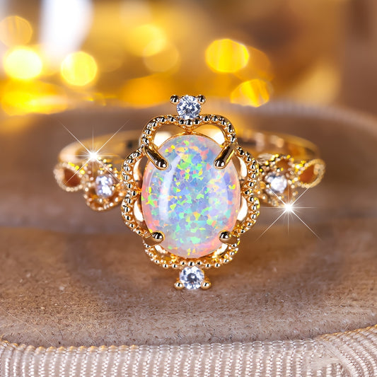 An elegant bohemian-style copper engagement ring with white synthetic opal and cubic Zirconia trim and gold-plated jewelry for weddings and parties