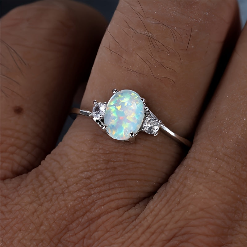 White Opal Gemstone Engagement Ring Classic Silver Luxury Faux Crystal Oval Wedding Ring Women's