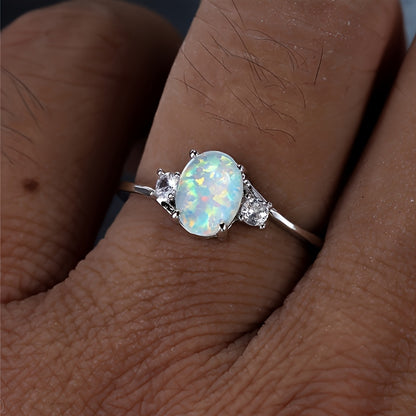 White Opal Gemstone Engagement Ring Classic Silver Luxury Faux Crystal Oval Wedding Ring Women's