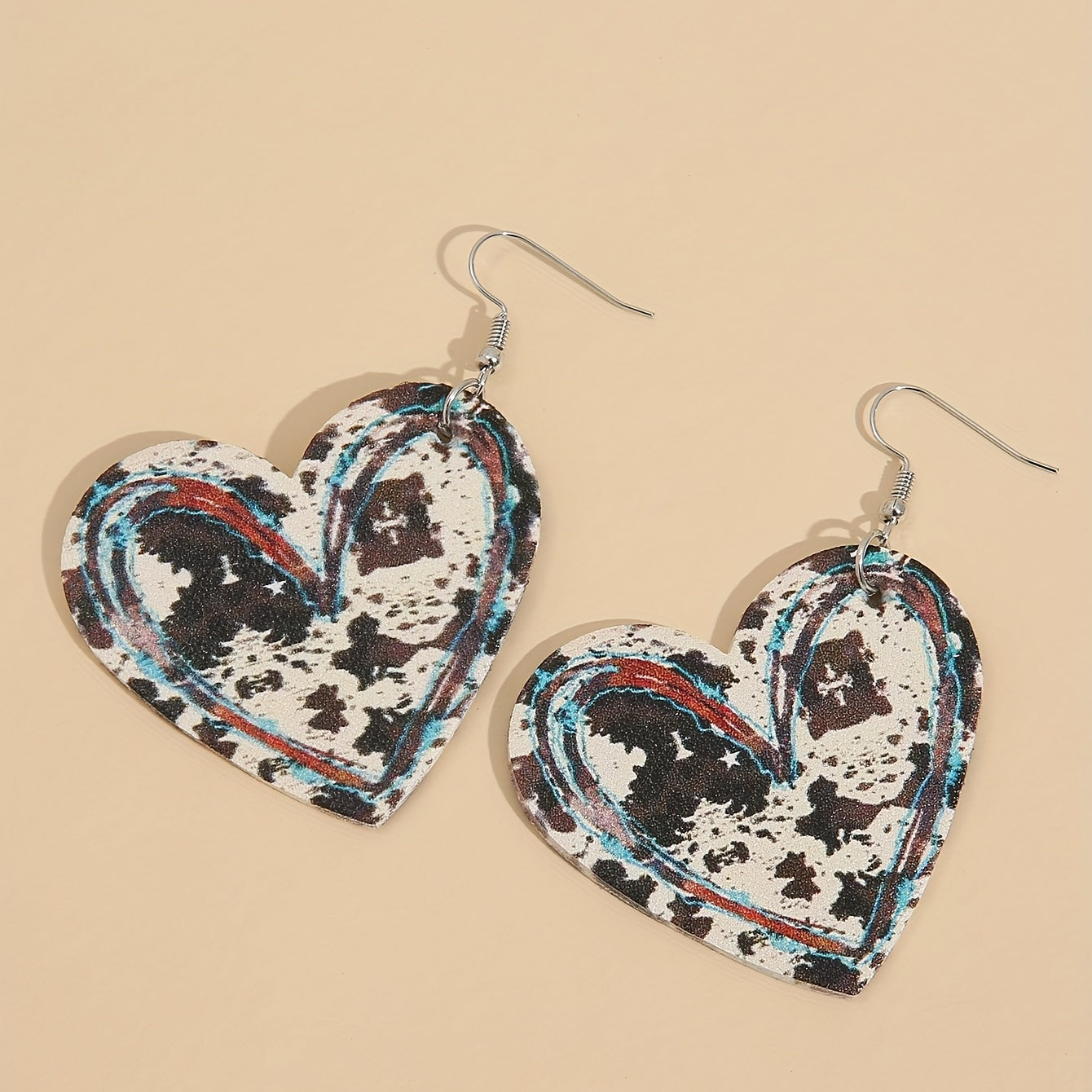 Vintage Heart-Shaped Cow Pattern Pendant Earrings Vintage Western PU Leather Jewelry Fashion Holiday Earrings