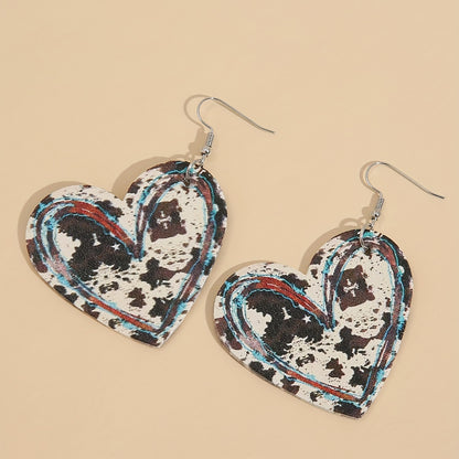 Vintage Heart-Shaped Cow Pattern Pendant Earrings Vintage Western PU Leather Jewelry Fashion Holiday Earrings