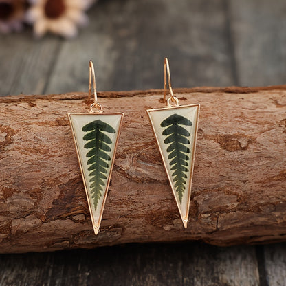 Transparent triangular green leaf pattern pendant earrings retro minimalist style alloy jewelry holiday earrings