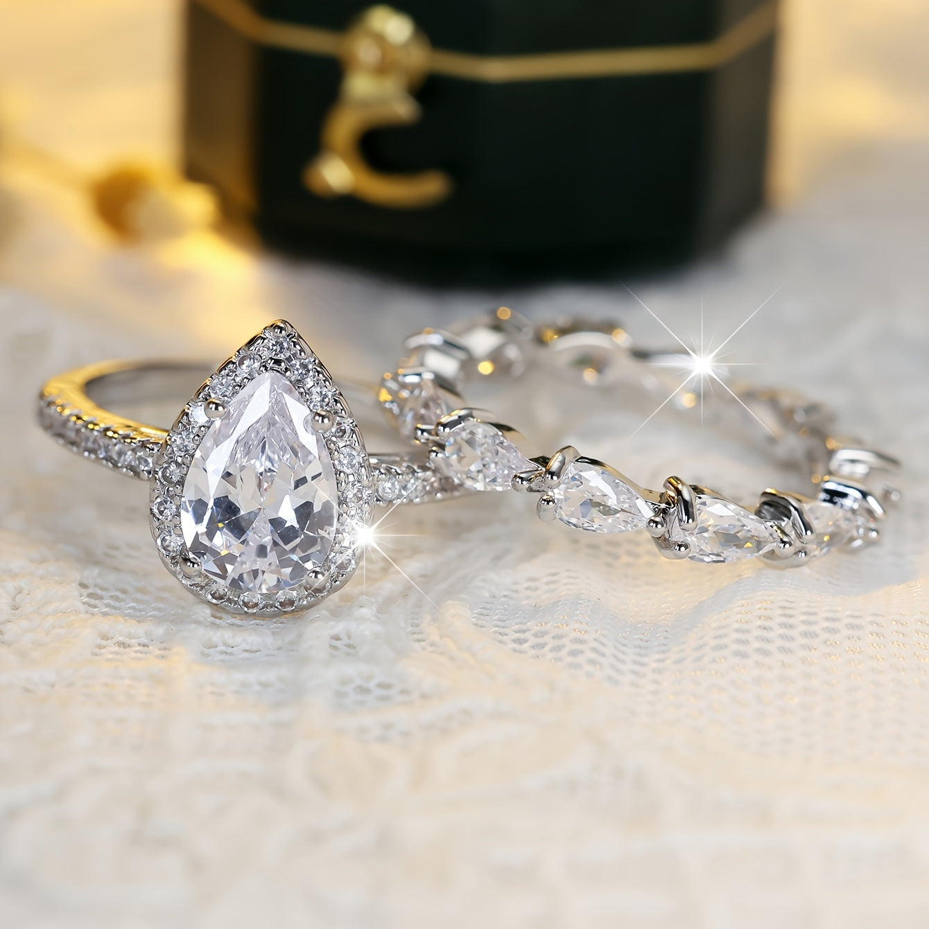 Vintage Elegant Bridal Ring Set with Pear Cut Cubic Zirconia and Copper Strap, Unplated, Zirconia Laid, Perfect for Weddings and Engagements - 2 Piece Set