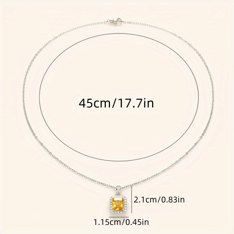 Elegant yellow rectangular synthetic gemstone pendant necklace with zircon embellishment, women's daily casual vacation jewelry, suitable for sweet dates, birthday gifts