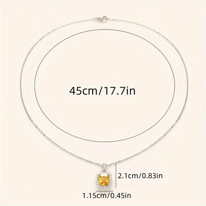 Elegant yellow rectangular synthetic gemstone pendant necklace with zircon embellishment, women's daily casual vacation jewelry, suitable for sweet dates, birthday gifts