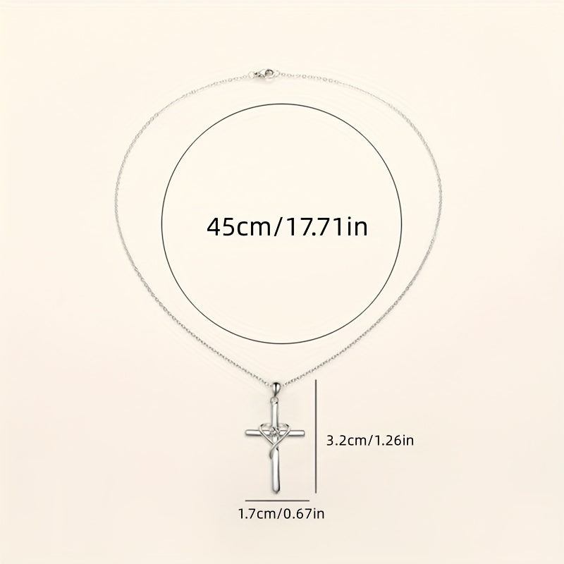925 Silver Plated Zirconia Necklace with Stylish Heart Cross Pendant Women's, Wedding Anniversary Gift, Faith Jewelry