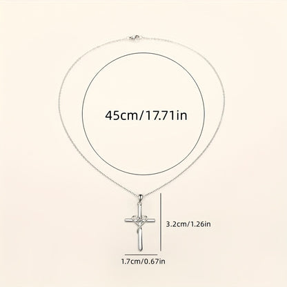 925 Silver Plated Zirconia Necklace with Stylish Heart Cross Pendant Women's, Wedding Anniversary Gift, Faith Jewelry