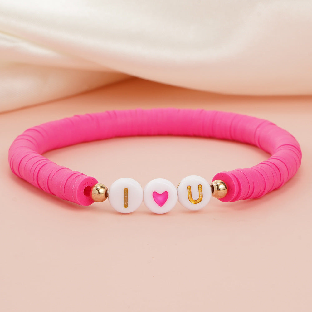 5-Piece Valentine's Day Soft Clay Bracelet with Love Pink Heart Letters and Beads for Holiday Gifts