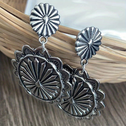 Silver Flower Pattern Carved Pendant Earrings Vintage Ethnic Style Alloy Jewelry Exquisite Women's Gifts Daily Casual