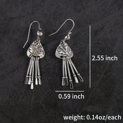 Antique Silver Pendant Earrings, Ladies Creative Bohemian Carved Leaves Cocktail Party Antique Earrings Jewelry