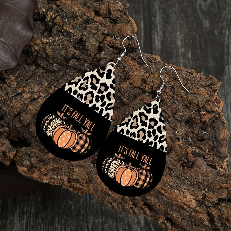 Vintage Style Halloween Pumpkin and Leopard Drop Earrings - Lightweight PU Leather, Perfect for Party and Holiday Occasions, Holiday Jewelry | Playful Designs | Iron Ear Hooks