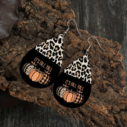 Vintage Style Halloween Pumpkin and Leopard Drop Earrings - Lightweight PU Leather, Perfect for Party and Holiday Occasions, Holiday Jewelry | Playful Designs | Iron Ear Hooks