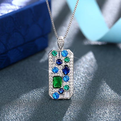 Elegant square pendant necklace with synthetic sapphire and jadeite - ladies luxury copper for parties and everyday glamour
