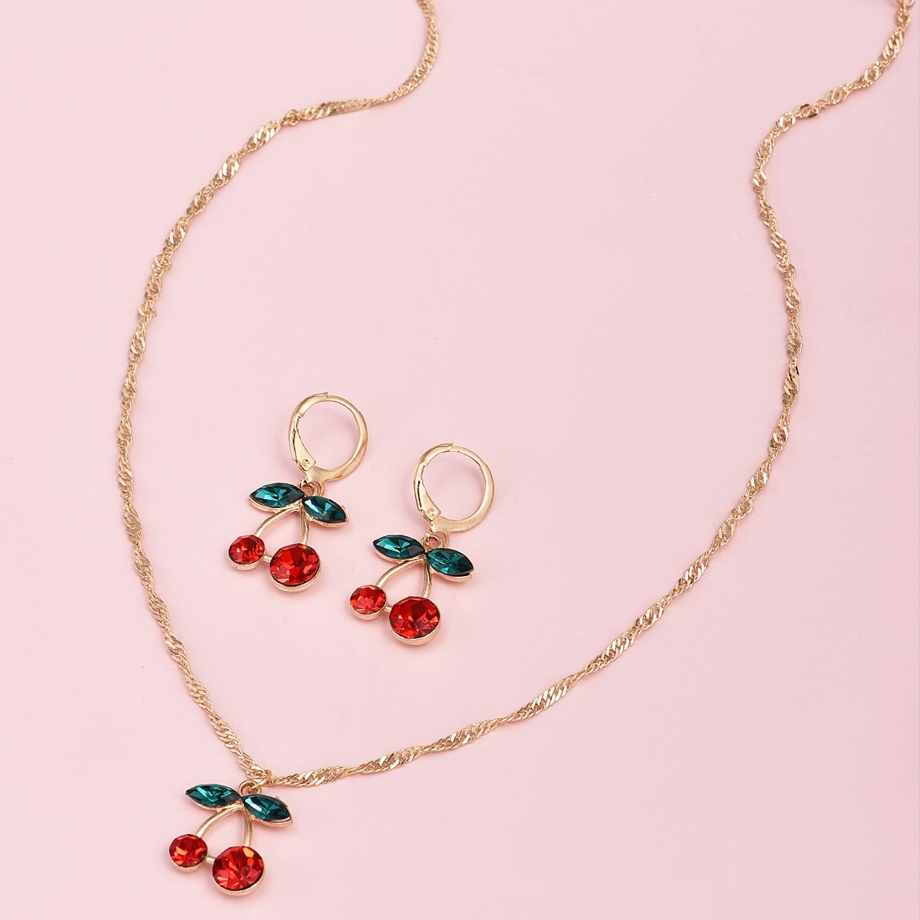 Sweet Cherry Crystal Pendant Necklace and Earrings Set Delicate Fruit Gold Chain Jewelry Set Gift