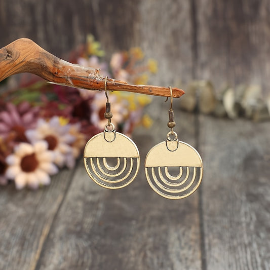 Geometric round hollow design hook earrings, retro ethnic style zinc alloy jewelry, exquisite women's gifts, daily leisure