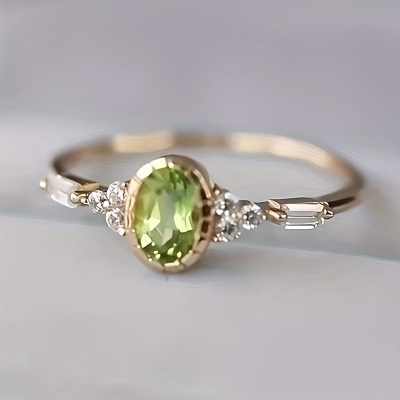 Vintage Oval Synthetic Green Zircon Anniversary Ring Women's, Copper Plated, April Birthstone, Everyday & Party Jewelry Accessories - 1 Piece