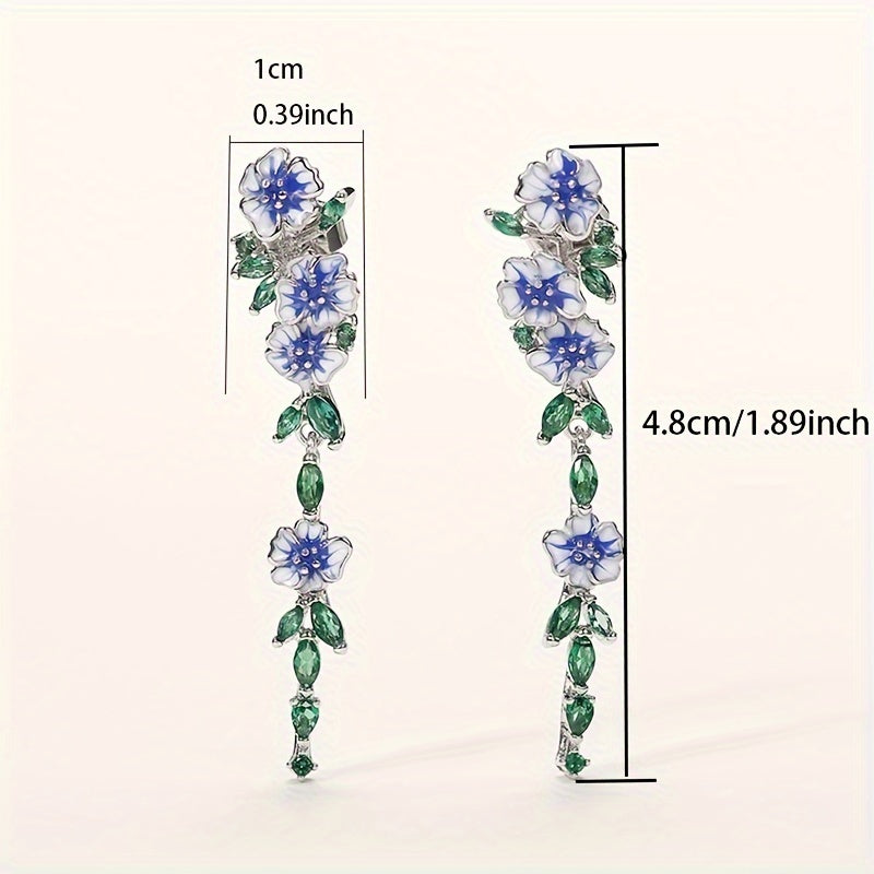 Exquisite 925 Silver Enamel Flower Inlaid Leaf Long Earrings Ladies Elegant Jewelry Summer Party Gift