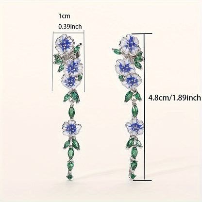 Exquisite 925 Silver Enamel Flower Inlaid Leaf Long Earrings Ladies Elegant Jewelry Summer Party Gift