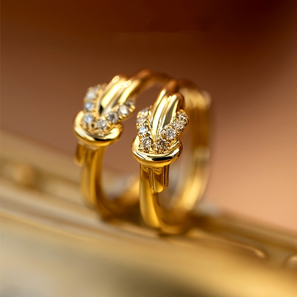 Compact twisted knot design ring earrings, copper jewelry, zircon inlaid, elegant casual style, women's daily wear