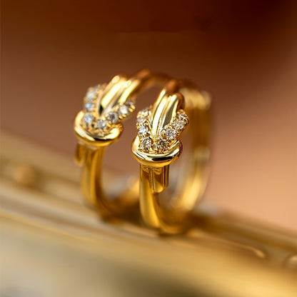 Compact twisted knot design ring earrings, copper jewelry, zircon inlaid, elegant casual style, women's daily wear