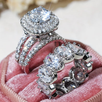 2 Luxury Engagement Rings Set with Sparkle Cubic Zirconia 4-Claw Synthetic Pink Gemstone Ring Set, Sparkle Style, Ladies Party Wedding Jewelry (No Box)