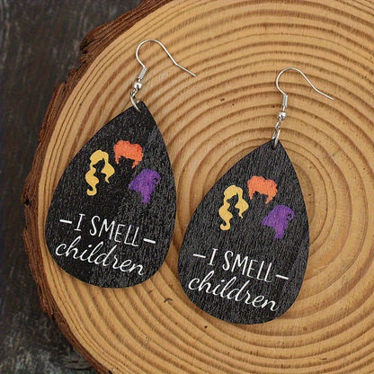 Vintage Wooden Halloween Drop Earrings - Classic Tear Drop Design for Ladies, Perfect for Daily Wear and Holiday Celebrations