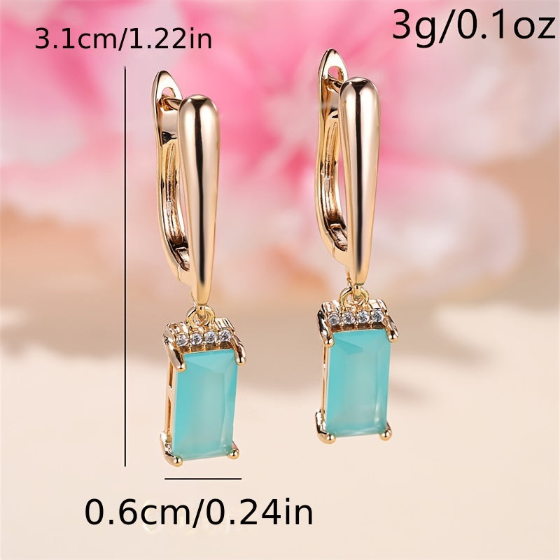 [Elegant Style] Elegant Teal Zirconia Geometric Pendant Earrings - Ladies Gold Fashion Jewelry, Suitable for Weddings and Parties, with Sparkling Square Crystal Zircon Embellishment, Stylish Earrings