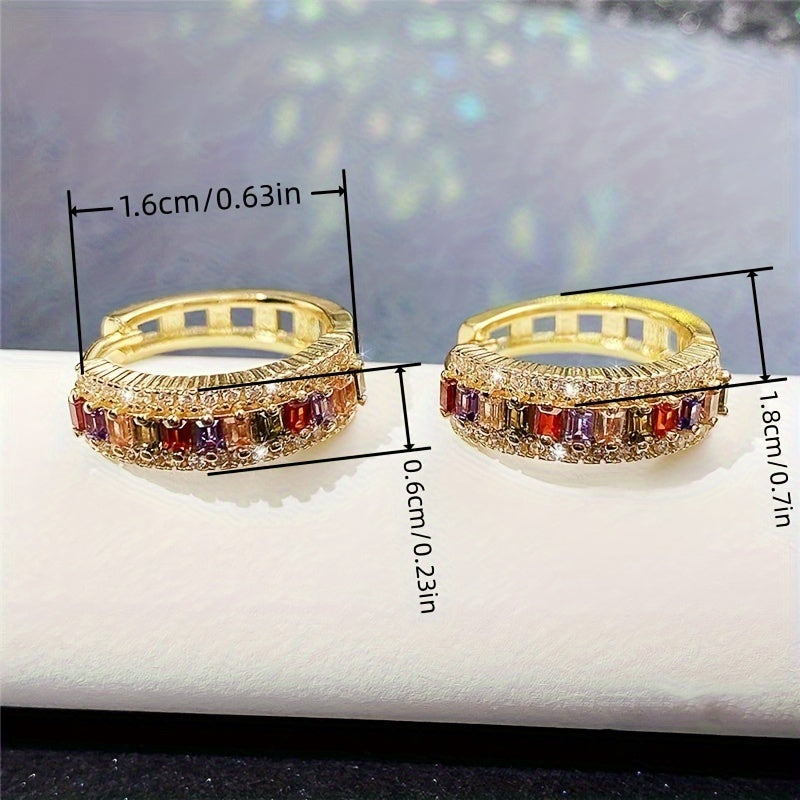Elegant 18K Gold-plated Ring Earrings with Multi-colored Rectangular Cut Zirconia - Nickel-free Copper, Perfect for Brides and Parties