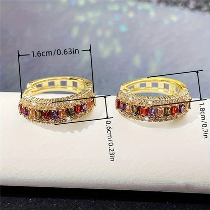 Elegant 18K Gold-plated Ring Earrings with Multi-colored Rectangular Cut Zirconia - Nickel-free Copper, Perfect for Brides and Parties