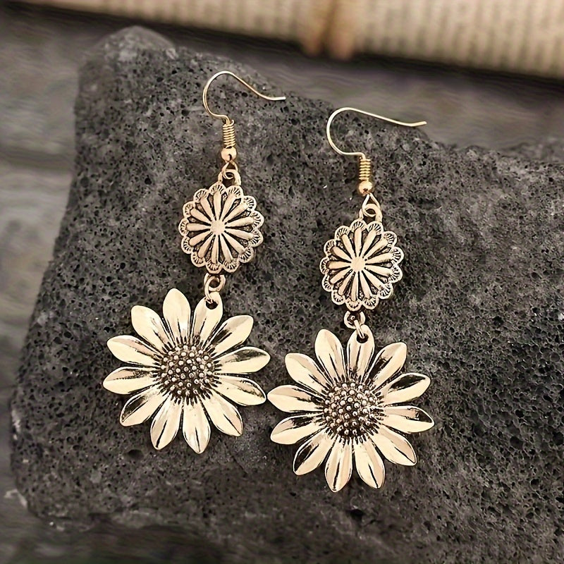 A pair of Women's fashion pendant earrings, sunflower flower temperament elegant retro bohemian style, suitable for daily versatile gifts