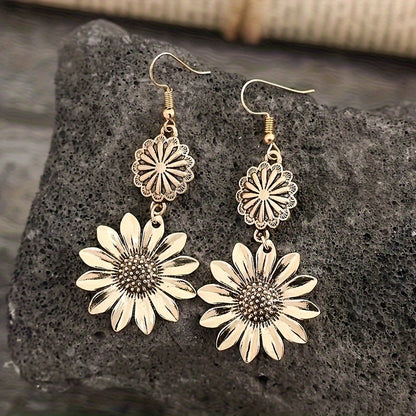 A pair of Women's fashion pendant earrings, sunflower flower temperament elegant retro bohemian style, suitable for daily versatile gifts