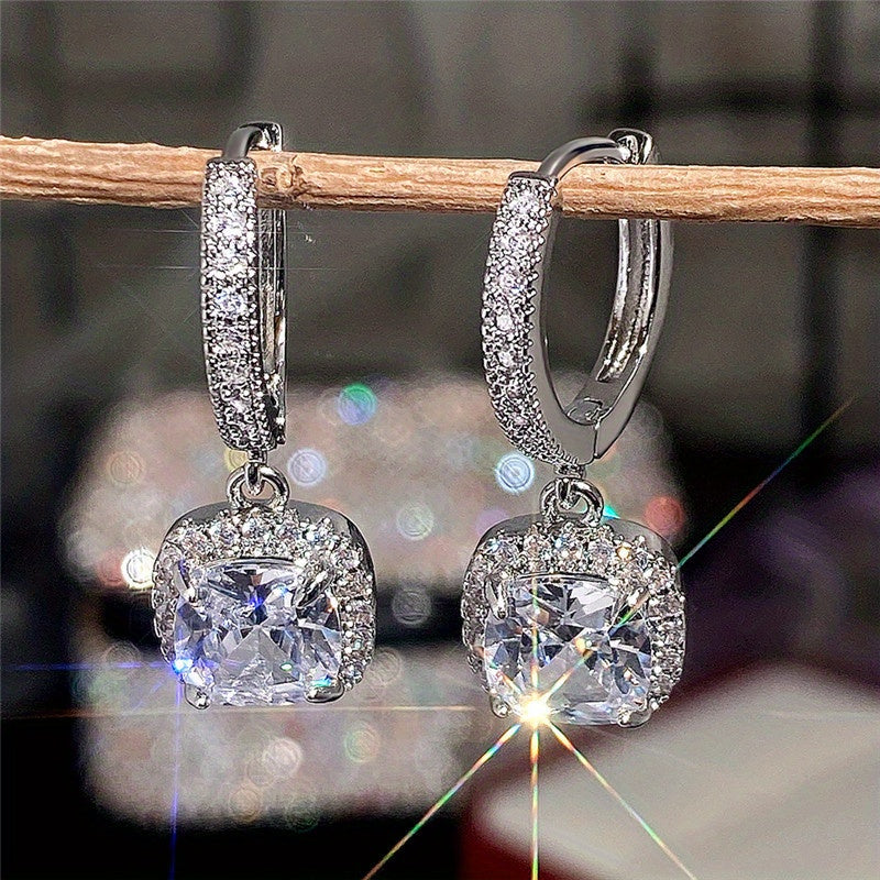 Four-claw square shiny zircon inlaid pendant earrings, elegant and simple temperament, copper silver plating, exquisite gift, suitable for women