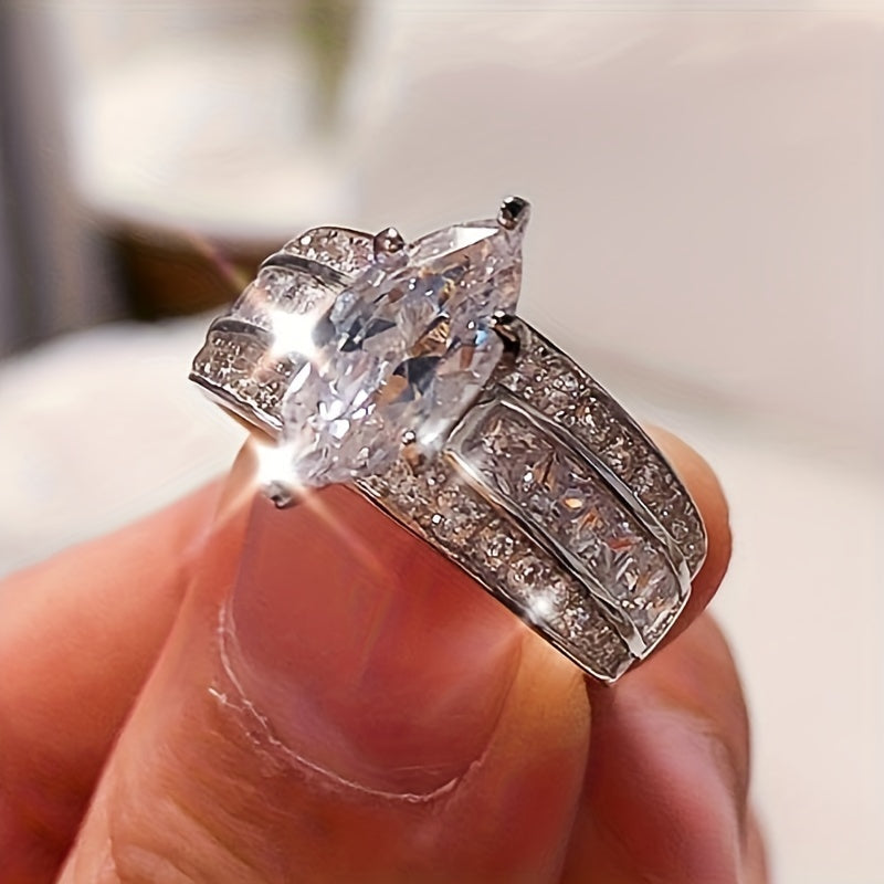 Elegant Bridal Ring with Sparkling Horse's Eye Cubic Zirconia - Exquisite Copper Ladies' Offer Ring, Perfect for Engagement and Wedding Celebrations, April Birthstone, Bridal Accessories | Minimalist | Polished Surface