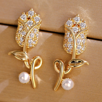 Elegant and lovely flower stud earrings, synthetic June birthstones and imitation pearls, copper nickel-plated, suitable for daily and party wear, Valentine's Day gifts - suitable for all seasons