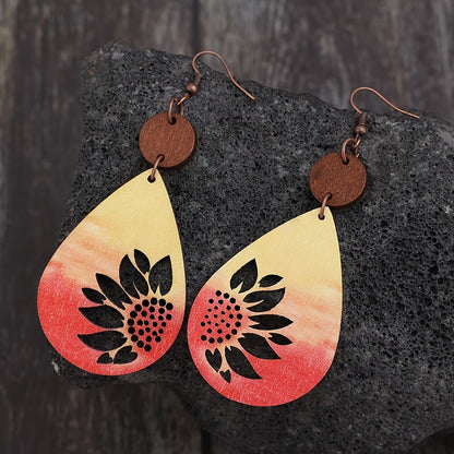 Sunflower print drop earrings Vintage Western wooden jewelry Holiday earrings