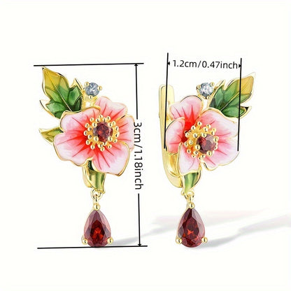 Exquisite floral-set synthetic ruby pendant earrings for ladies' vacation parties and everyday casual accessories