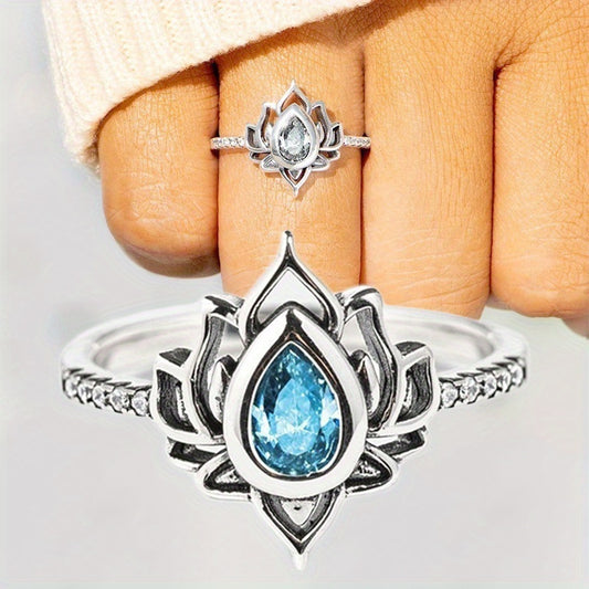 Silver Plated Bohemian Promise Ring Stylish Lotus Set with Droplet Aquamarine Engagement Wedding Jewelry for Bridal Gala Decor, Available in a Variety of Colors